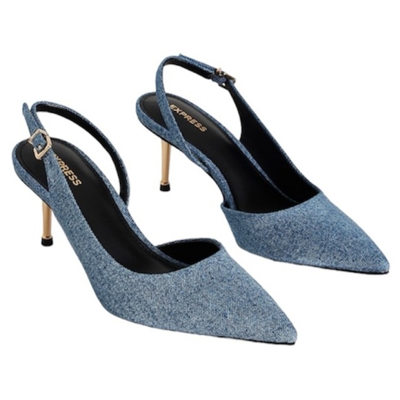 EXPRESS Denim Gold Heel Slingback Pumps. - Picture 1 of 9